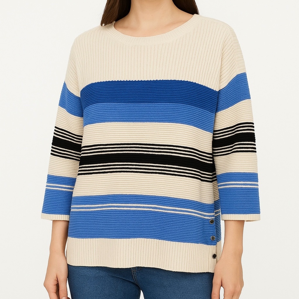 Charter Club Striped Cotton Blend Sweater Blue Cream Button Hem XL